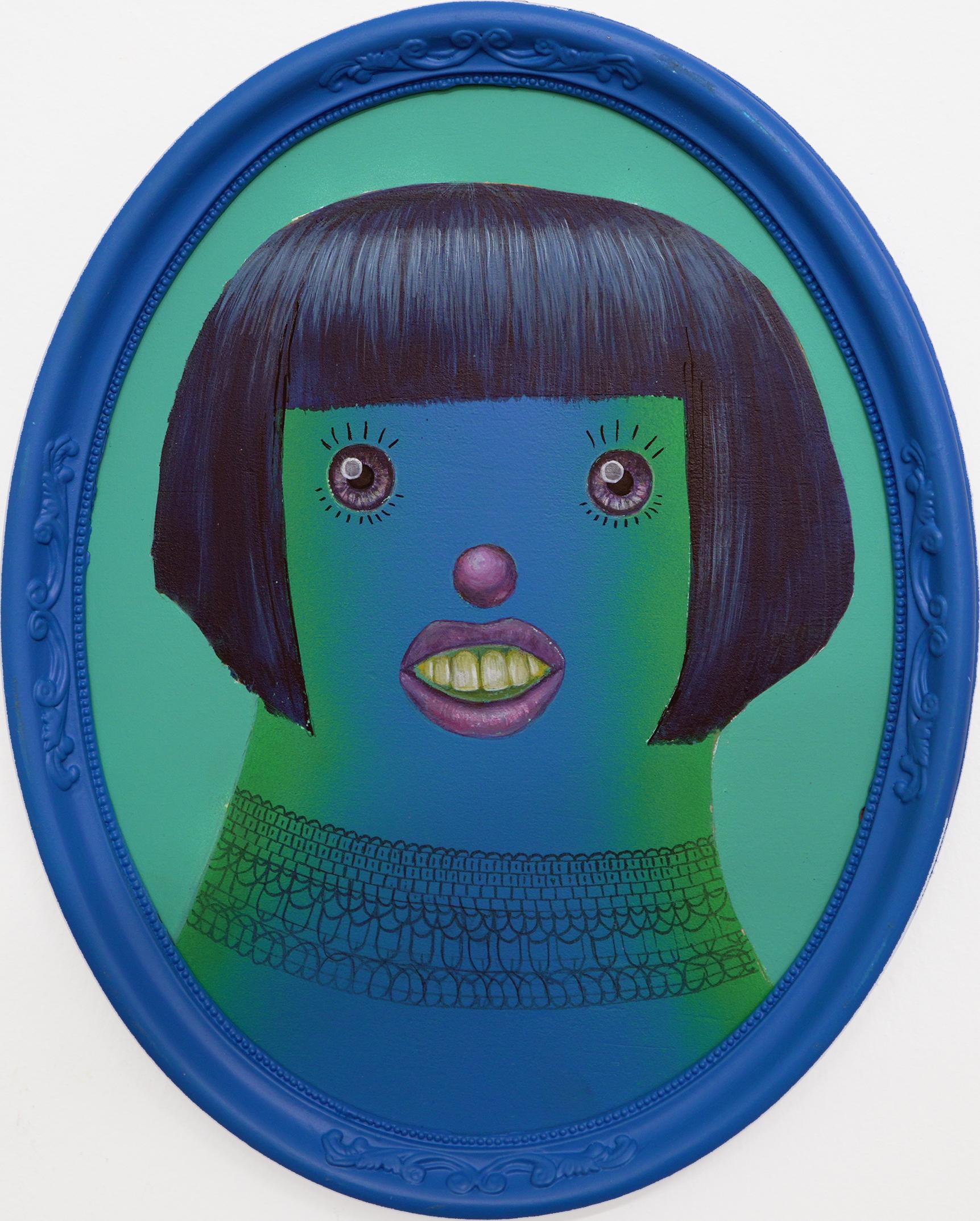 Natasha Lelenco Figurative Painting - Ancestor Clone #13. You Are The One. Unique Oval Framed Acrylic Painting on Wood