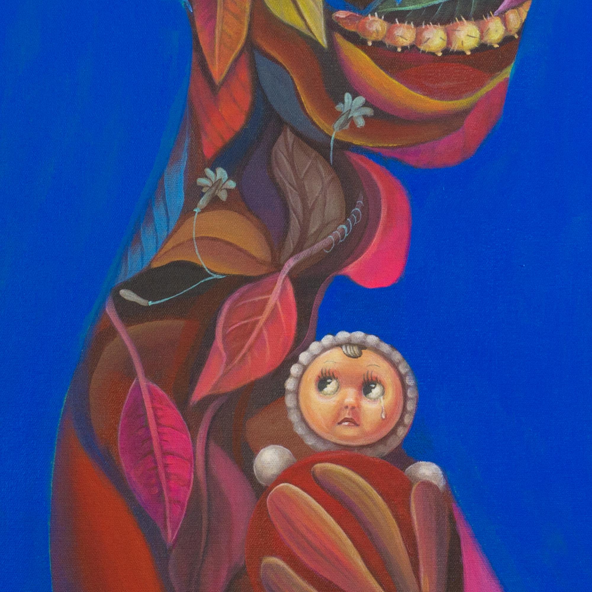 Figura antropomorfa pop surrealista. Insetti, piante ed elementi giocattolo - Figurative Painting Blu di Natasha Lelenco