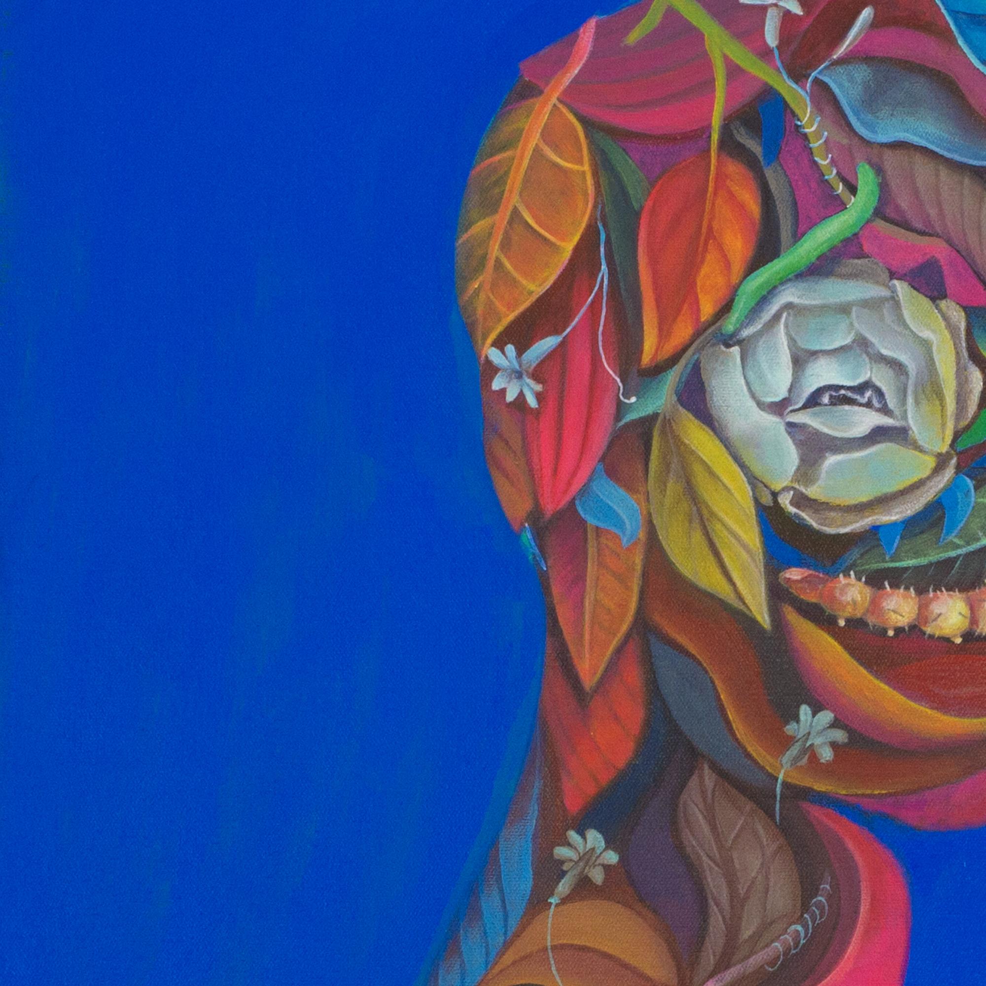 Inquietante figura antropomorfa creata accumulando rappresentazioni di fiori, piante, insetti e altri elementi dell'iconografia kitsch, con colori intensi, brillanti e fluorescenti.Questo dipinto è una delle opere della serie 