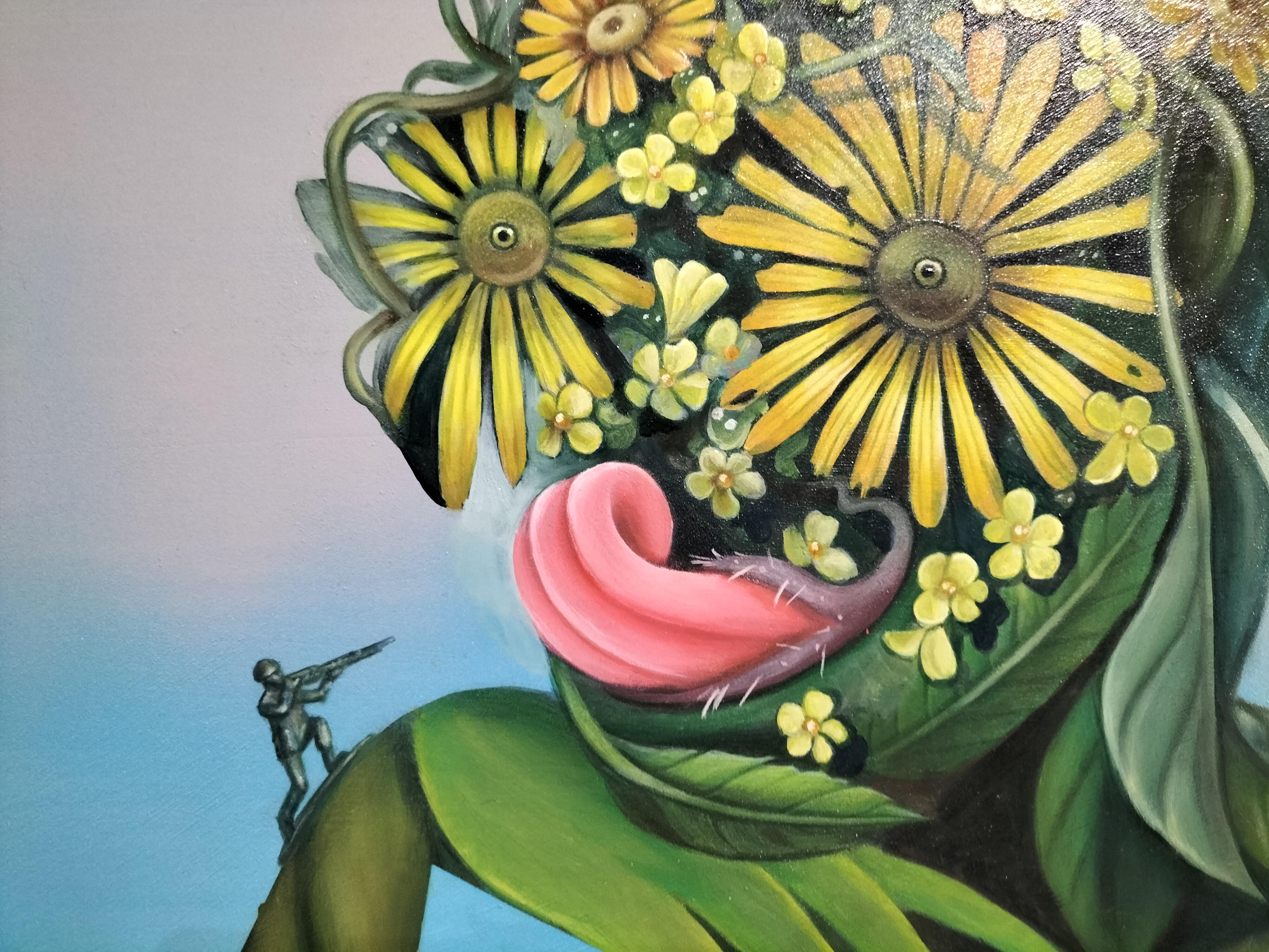 Ritratto botanico surreale con margherite gialle e soldatino - Serie Feticci in vendita 3