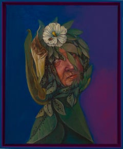 Contemporary Pop Surrealism Portrait. Elderly Woman with Floral Motifs. Framed
