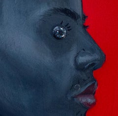 Black Female Portrait on Red Wood Background with English Text, "Currency #272"