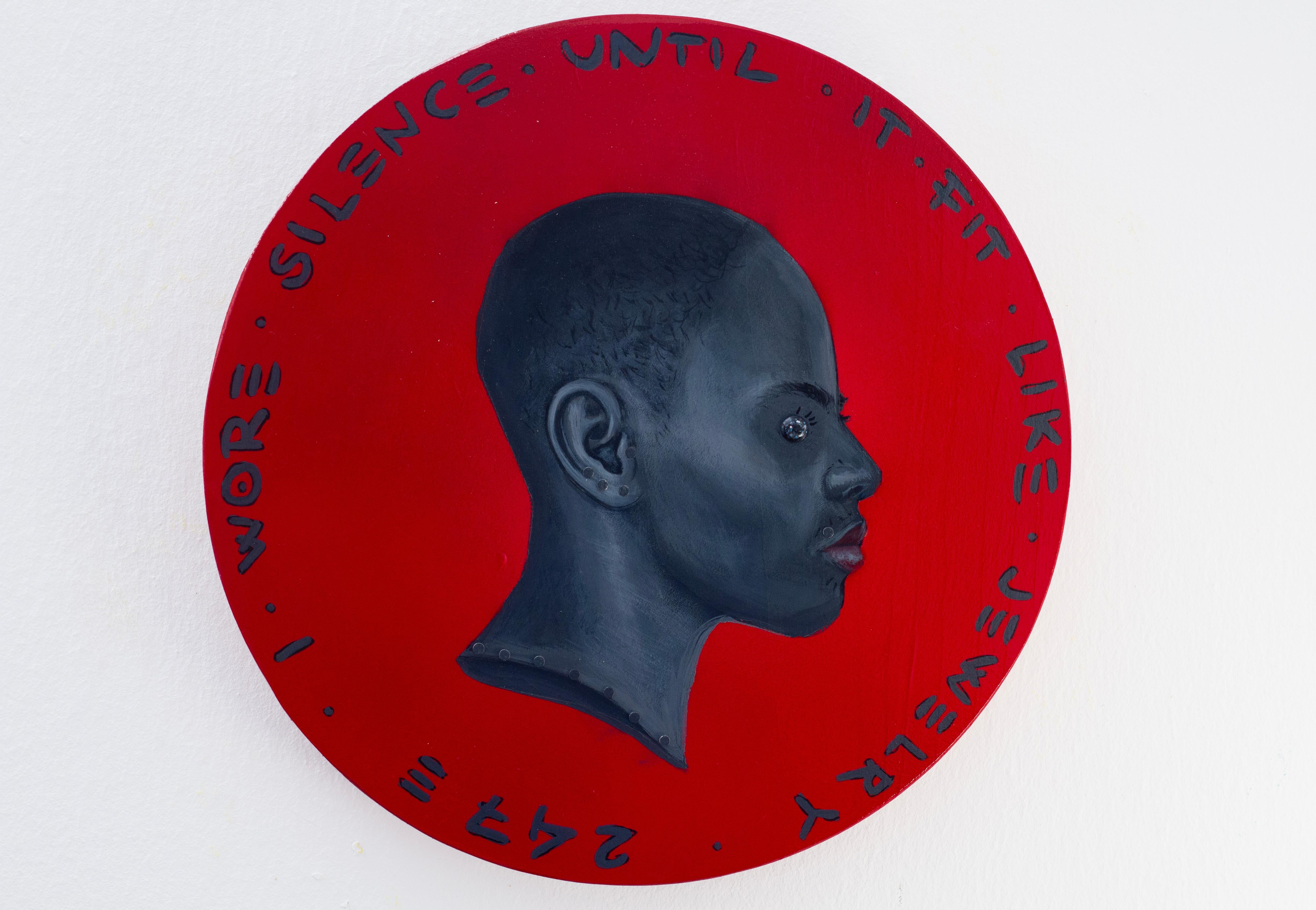 Black Female Portrait on Red Wood Background with English Text, 