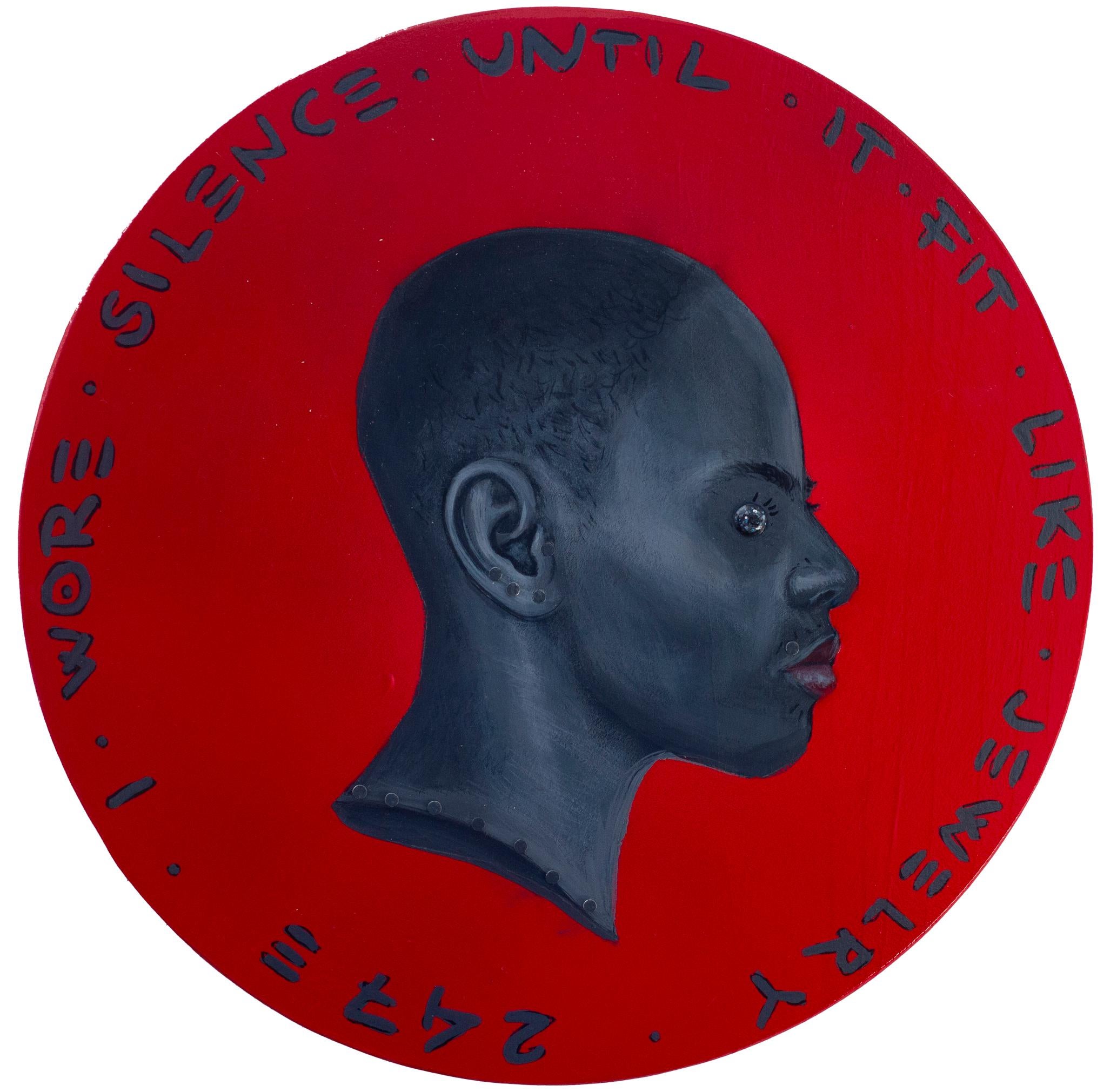 Black Female Portrait on Red Wood Background with English Text, "Currency #272" - Art by Natasha Lelenco
