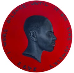 Black Female Portrait on Red Wood Background with English Text, "Currency #272"