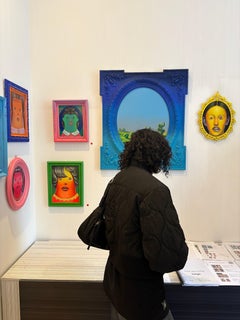 Cadre bleu Peinture contemporaine de paysage vert organique surréaliste Formes botaniques