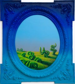 Cadre bleu Peinture contemporaine de paysage vert organique surréaliste Formes botaniques
