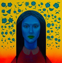 Blue Pop Surreal Portrait Painting with Floral Symbol Pattern, Acrylic on Canvas