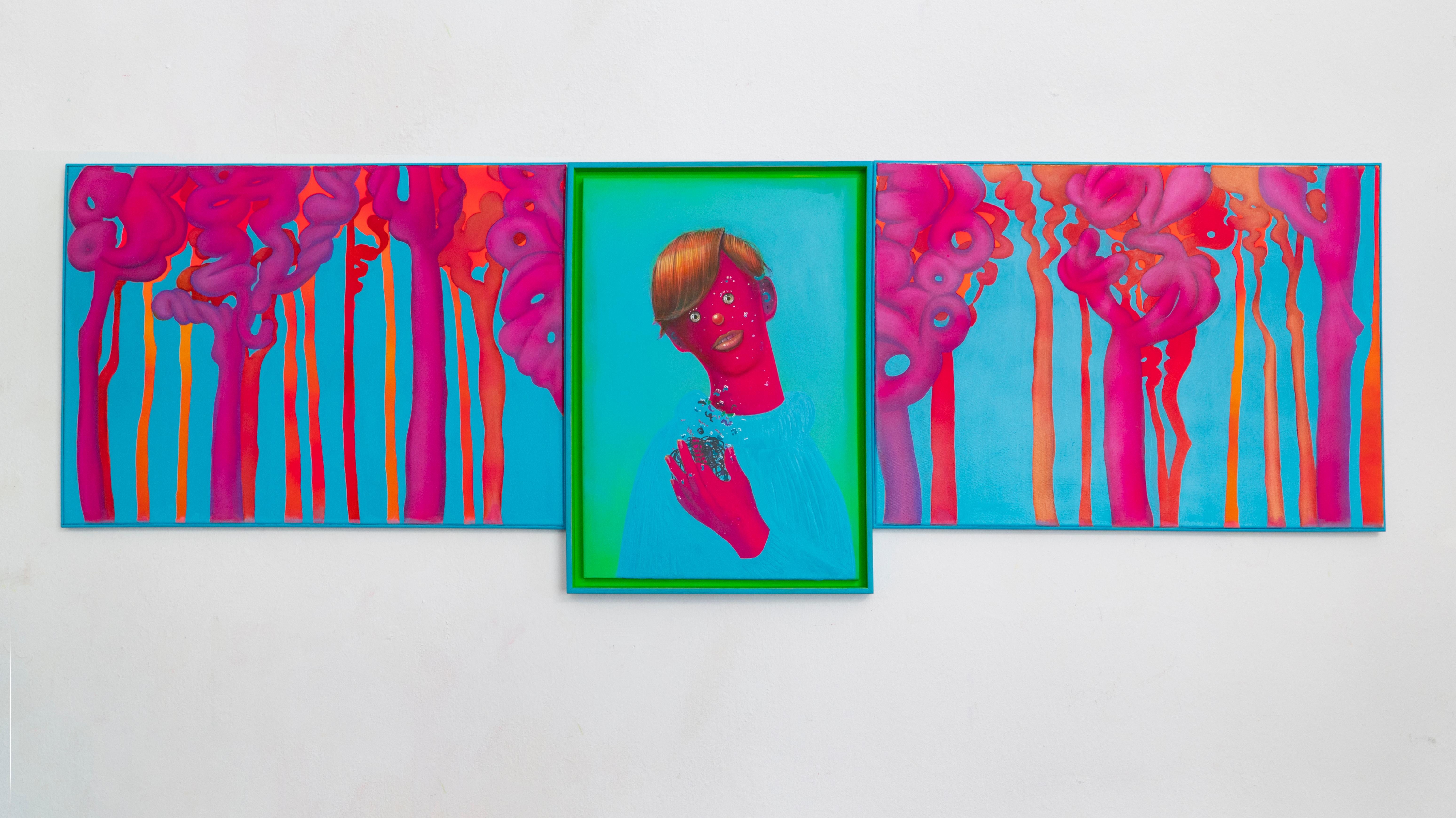 Botanical Portrait Triptych With Insects Figurative Pop Surrealist Painting