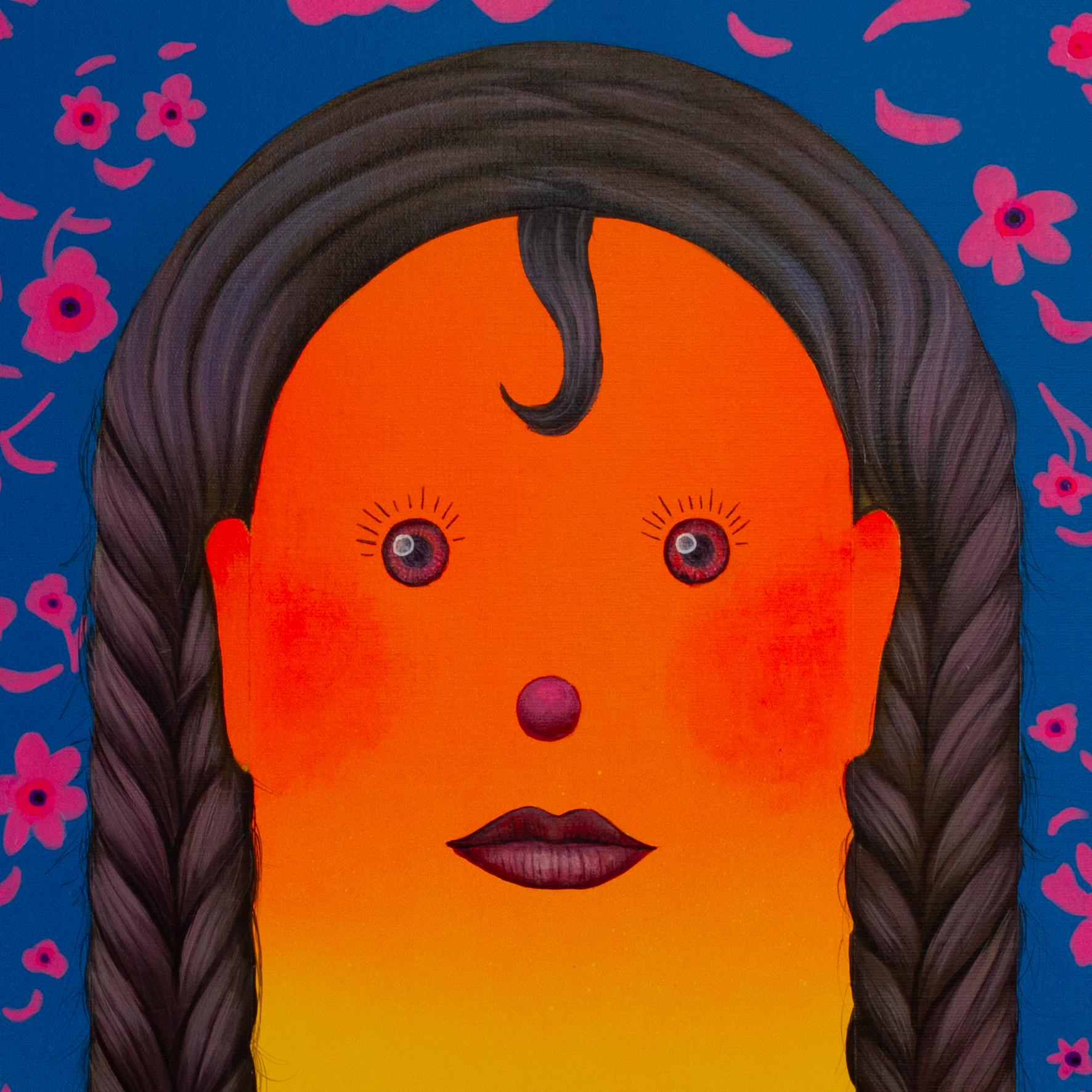 Retrato naranja brillante con trenzas y flores - Pintura acrílica surrealista - Painting de Natasha Lelenco