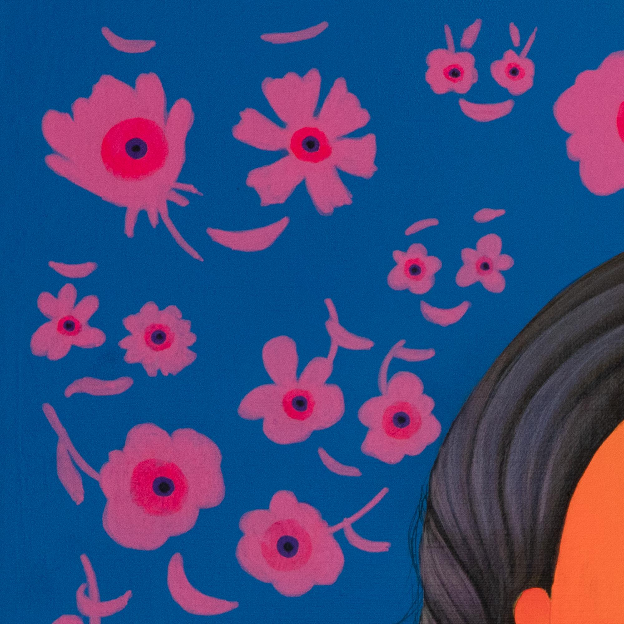 Retrato naranja brillante con trenzas y flores - Pintura acrílica surrealista - Portrait Painting Azul de Natasha Lelenco