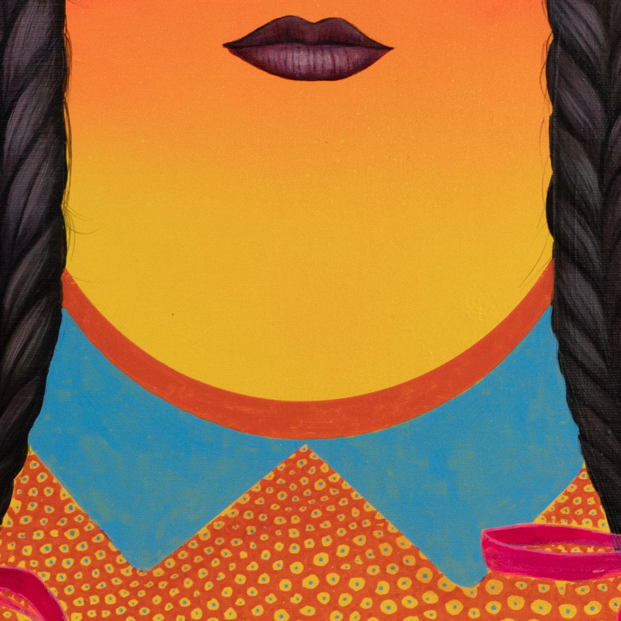 Retrato naranja brillante con trenzas y flores - Pintura acrílica surrealista en venta 1