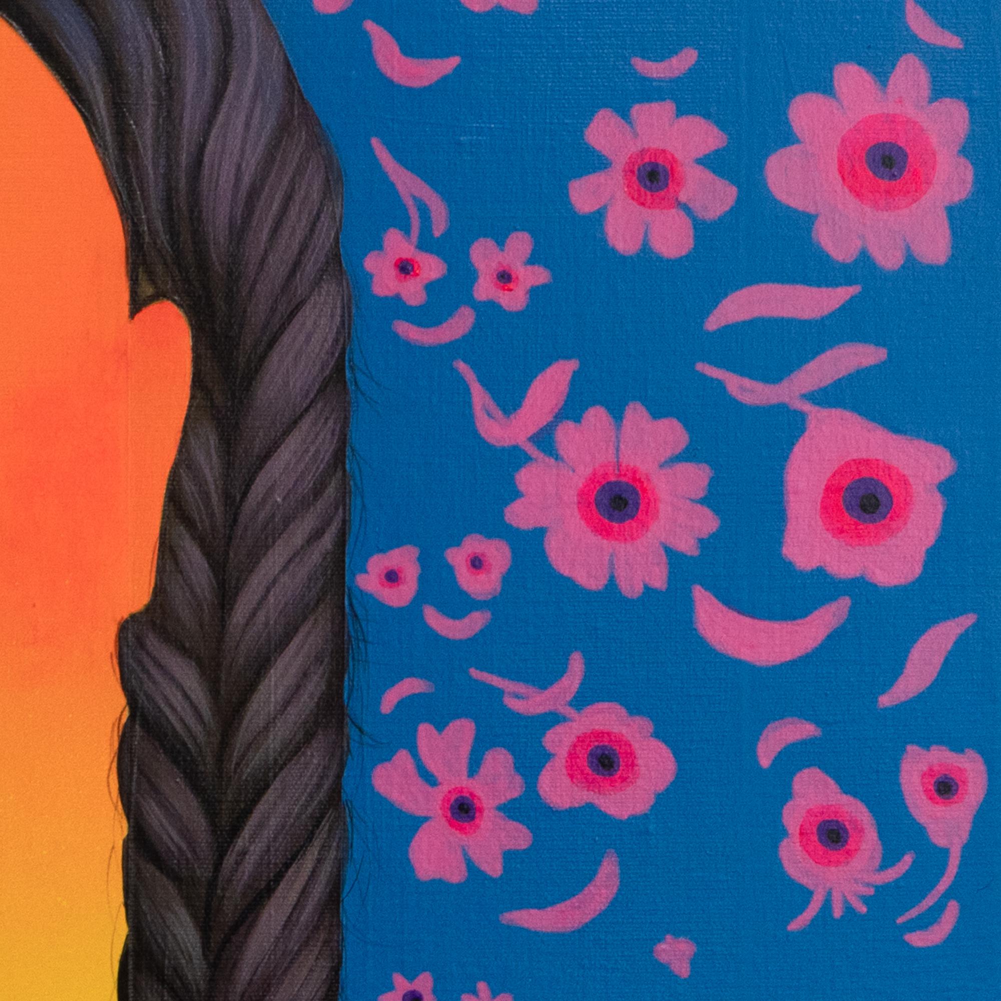 Retrato naranja brillante con trenzas y flores - Pintura acrílica surrealista en venta 2