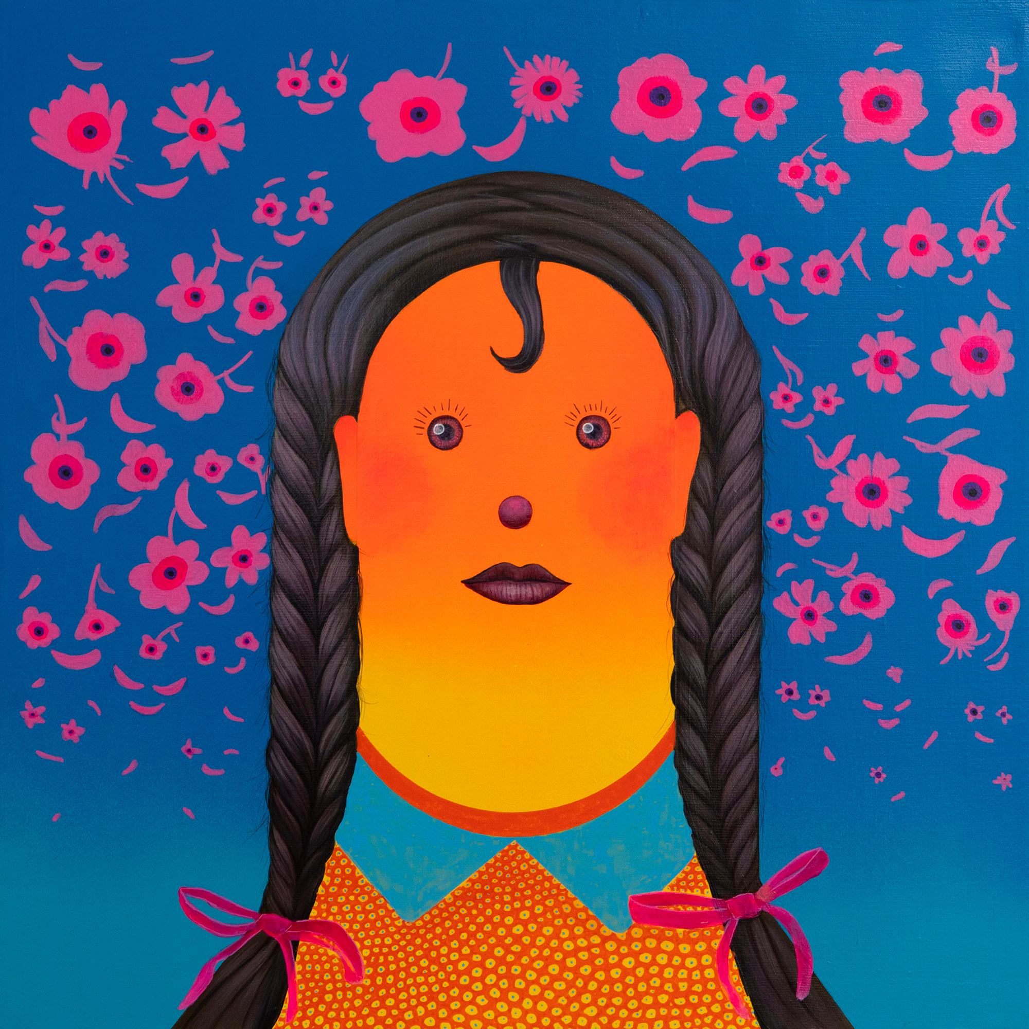 Ritratto arancione brillante con trecce e fiori - Pittura acrilica surrealista