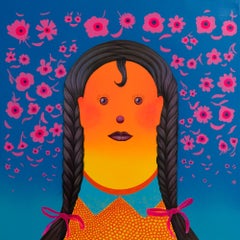 Ritratto arancione brillante con trecce e fiori - Pittura acrilica surrealista