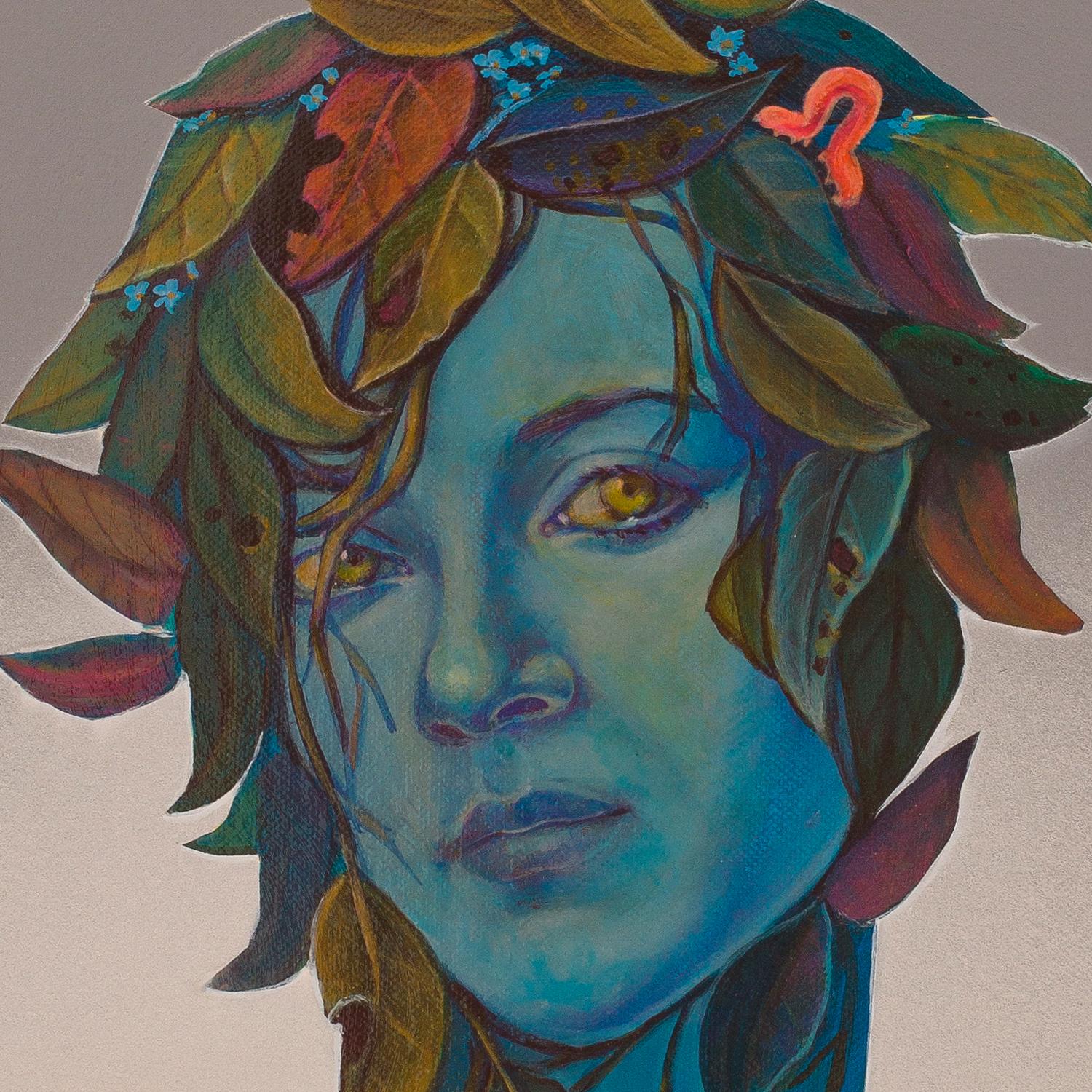Madonna bleue avec fleurs et insectes Peinture du surréalisme pop. Encadré.  - Painting de Natasha Lelenco