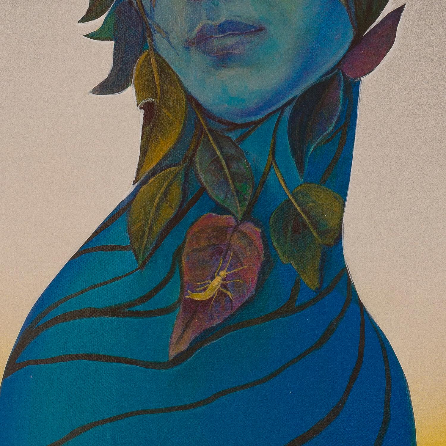 Blaue Madonna mit Blumen und Insekten. Pop- Surrealismus-Gemälde. Gerahmt.  (Zeitgenössisch), Painting, von Natasha Lelenco