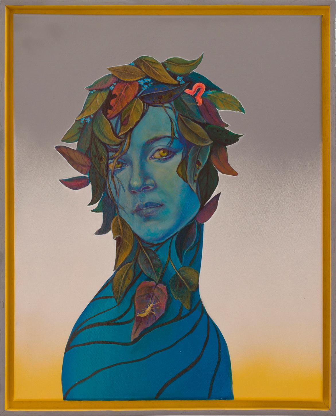 Portrait Painting Natasha Lelenco - Madonna bleue avec fleurs et insectes Peinture du surréalisme pop. Encadré. 