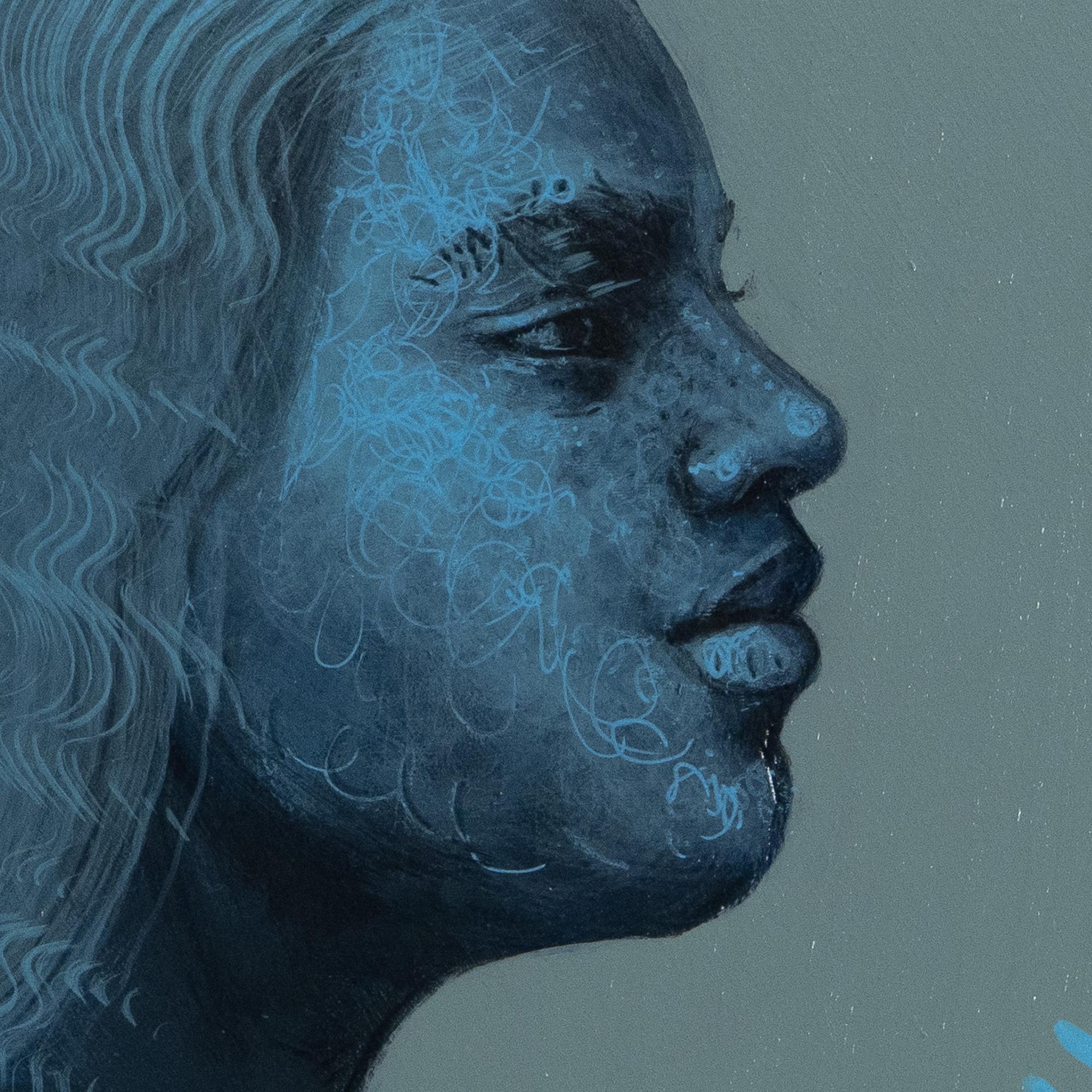 Devise du profil féminin bleu contemporain #266 Sur l'identité et la résilience - Contemporain Mixed Media Art par Natasha Lelenco