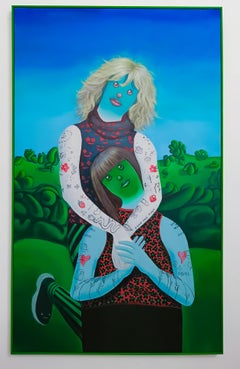 Contemporary double figurative portrait painting with tattoo symbols and emojis