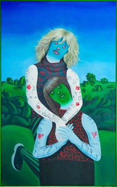Portrait de jumeaux avec des symboles de tatouages, des émoticônes et la culture numérique