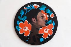 Acrylic Male Portrait on Pixelated Floral Background – Wooden Tondo Art