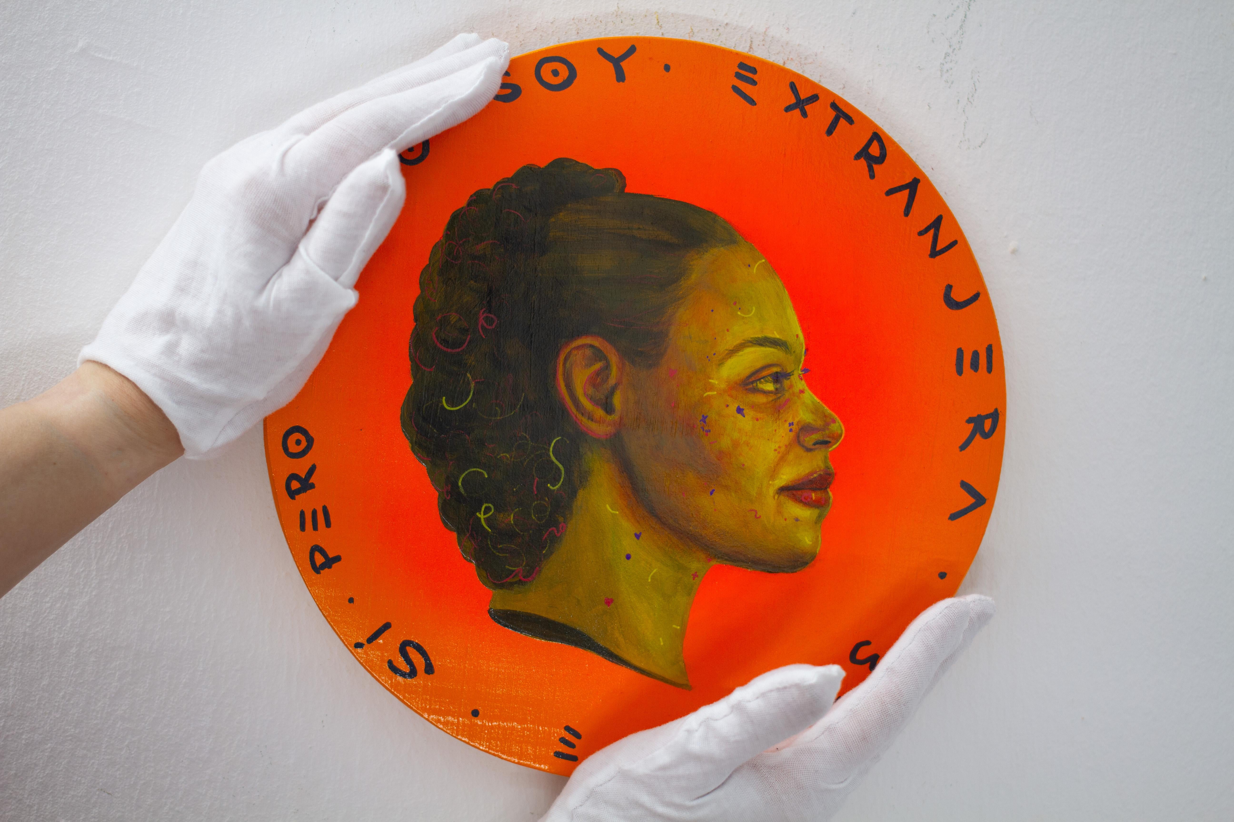 Currency #222: Orange Painted Coin with Face of a Cuban Woman About Foreignness - Pop Art Mixed Media Art by Natasha Lelenco