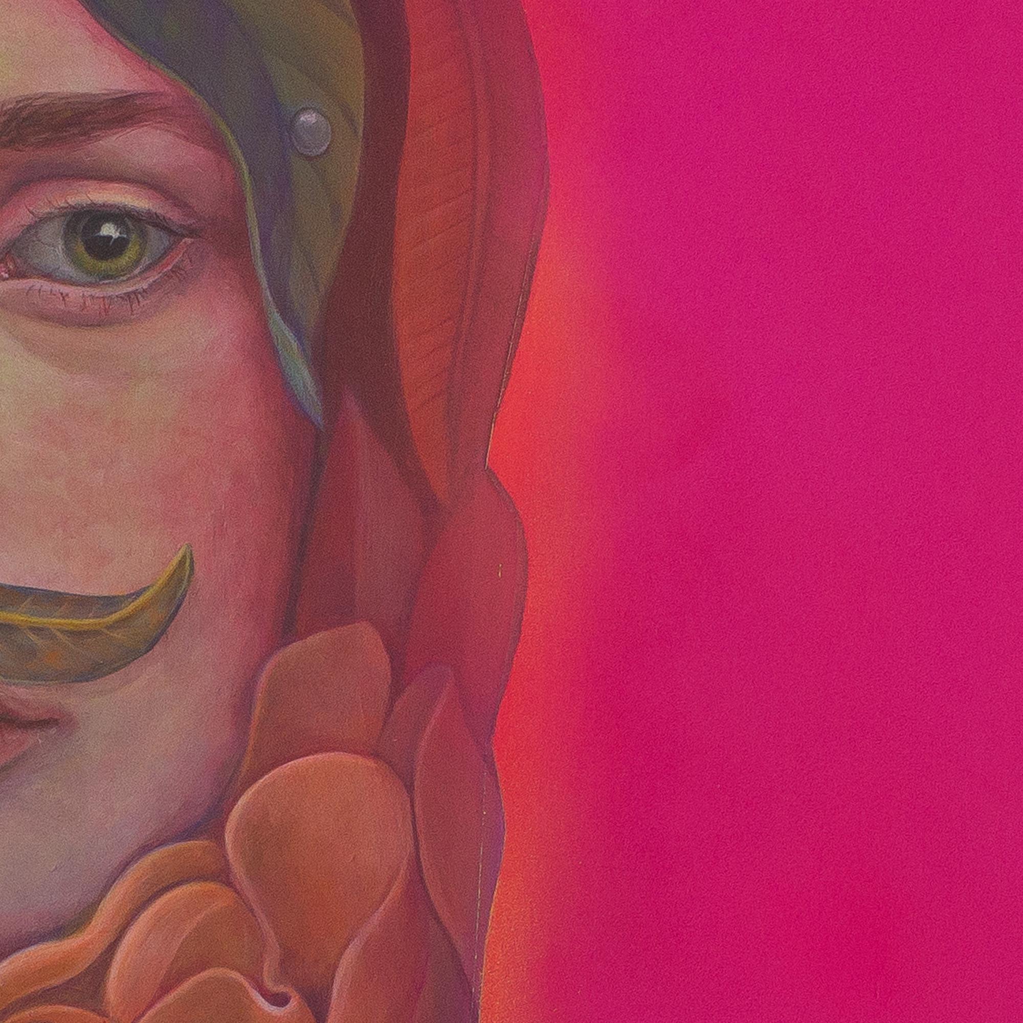 Retrato Botánico Rosa Fluorescente sobre Madera. Fetiche con Bigote y Camelia - Painting Arte pop de Natasha Lelenco