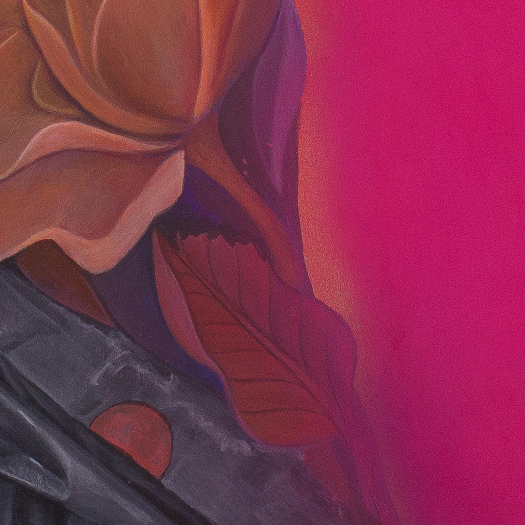 Retrato Botánico Rosa Fluorescente sobre Madera. Fetiche con Bigote y Camelia - Figurative Painting Rojo de Natasha Lelenco