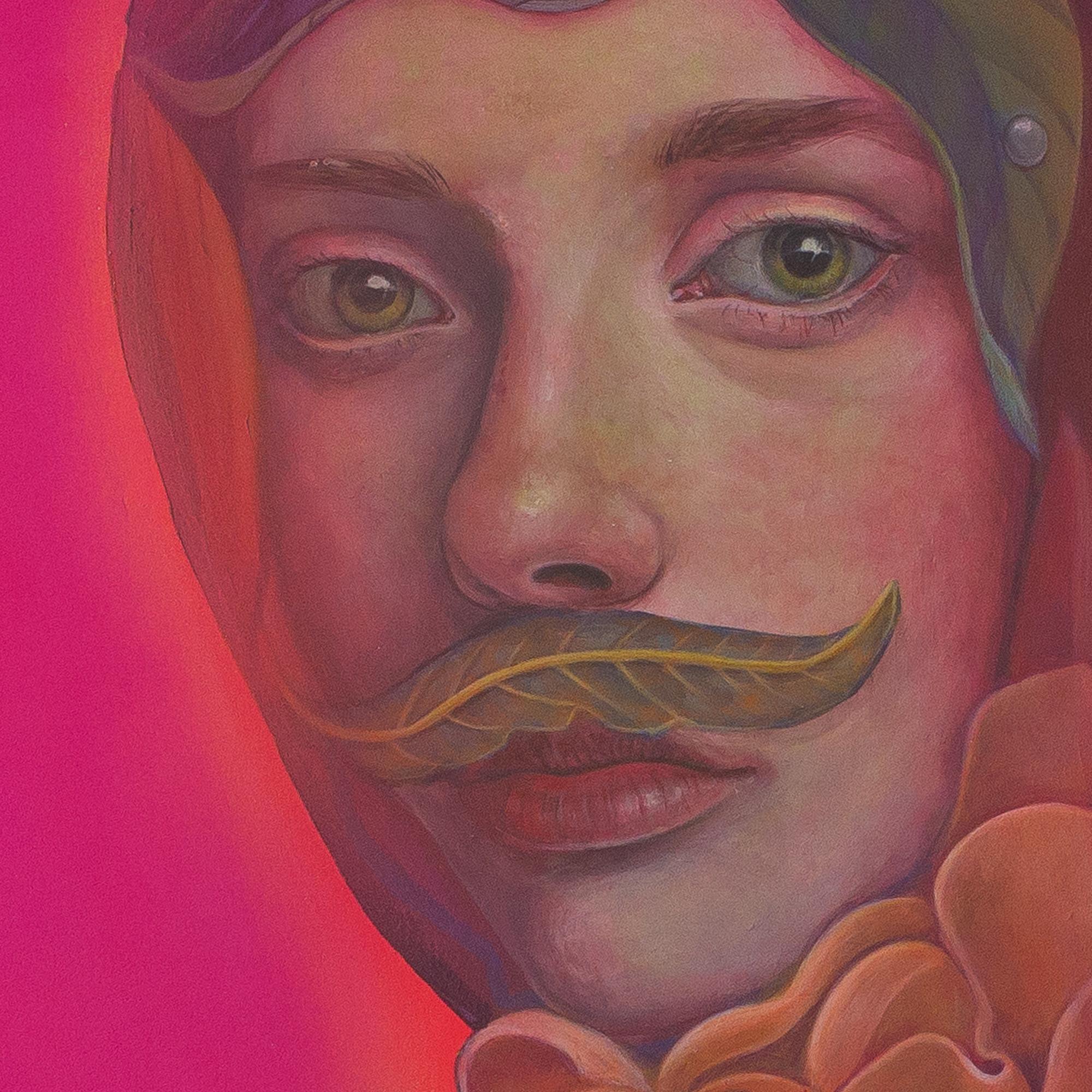 Este retrato figurativo contemporáneo forma parte de la aclamada serie Fetiches de Natasha Lelenco, que explora las identidades híbridas mediante ensamblajes botánicos y simbólicos. Pintada en acrílico fluorescente sobre un panel de madera de 60 x