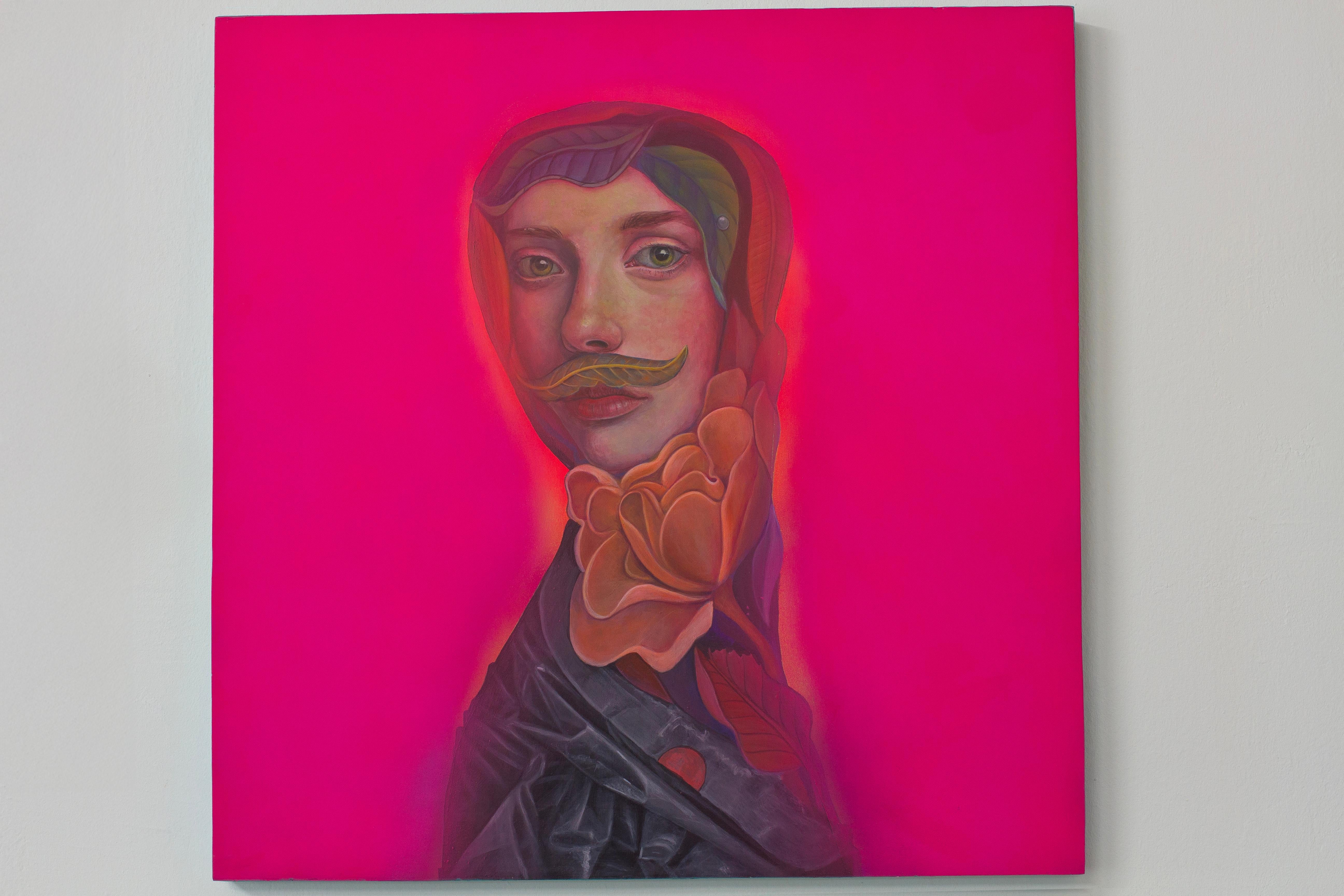 Retrato Botánico Rosa Fluorescente sobre Madera. Fetiche con Bigote y Camelia en venta 2