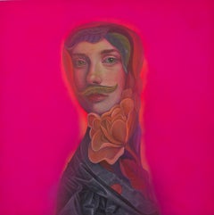 Retrato Botánico Rosa Fluorescente sobre Madera. Fetiche con Bigote y Camelia