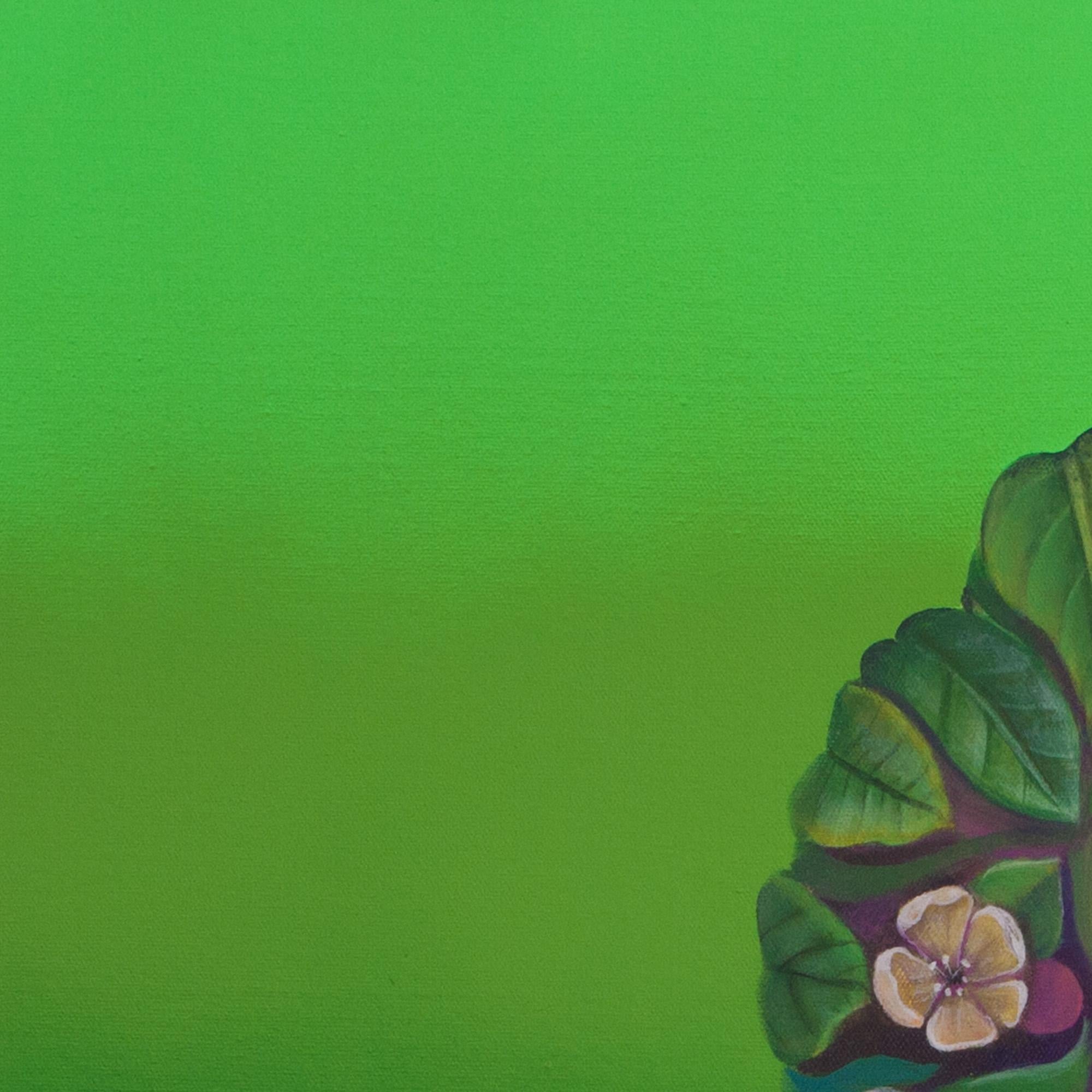 Green Anthropomorphic Botanical Figure. Pop Surrealist Contemporary Art - Blue Figurative Painting by Natasha Lelenco