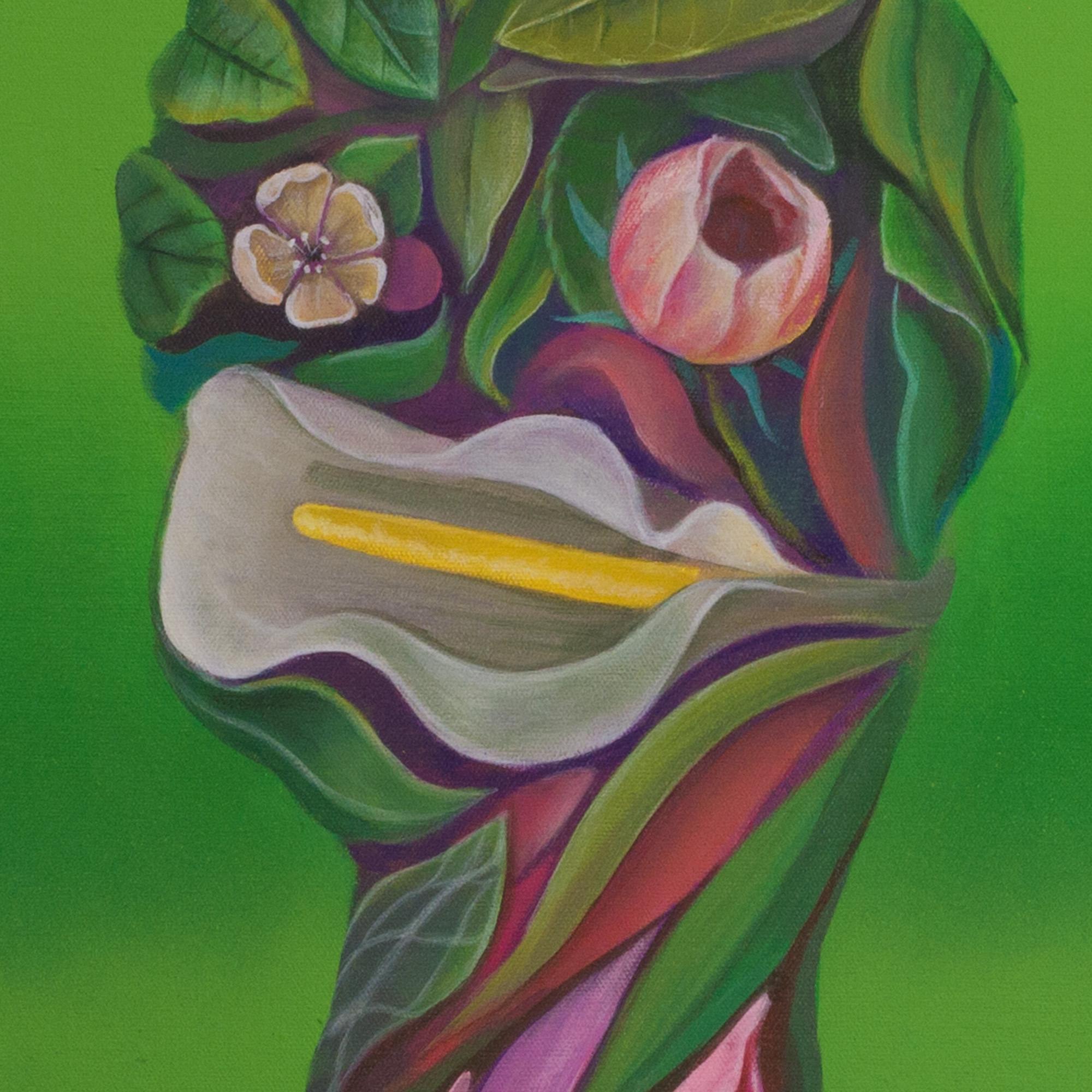 Anthropomorphic figure created by accumulating representations of flowers, plants, insects, and other elements of kitsch iconography, with intense, bright, and fluorescent colors. This painting is one of the works from the 