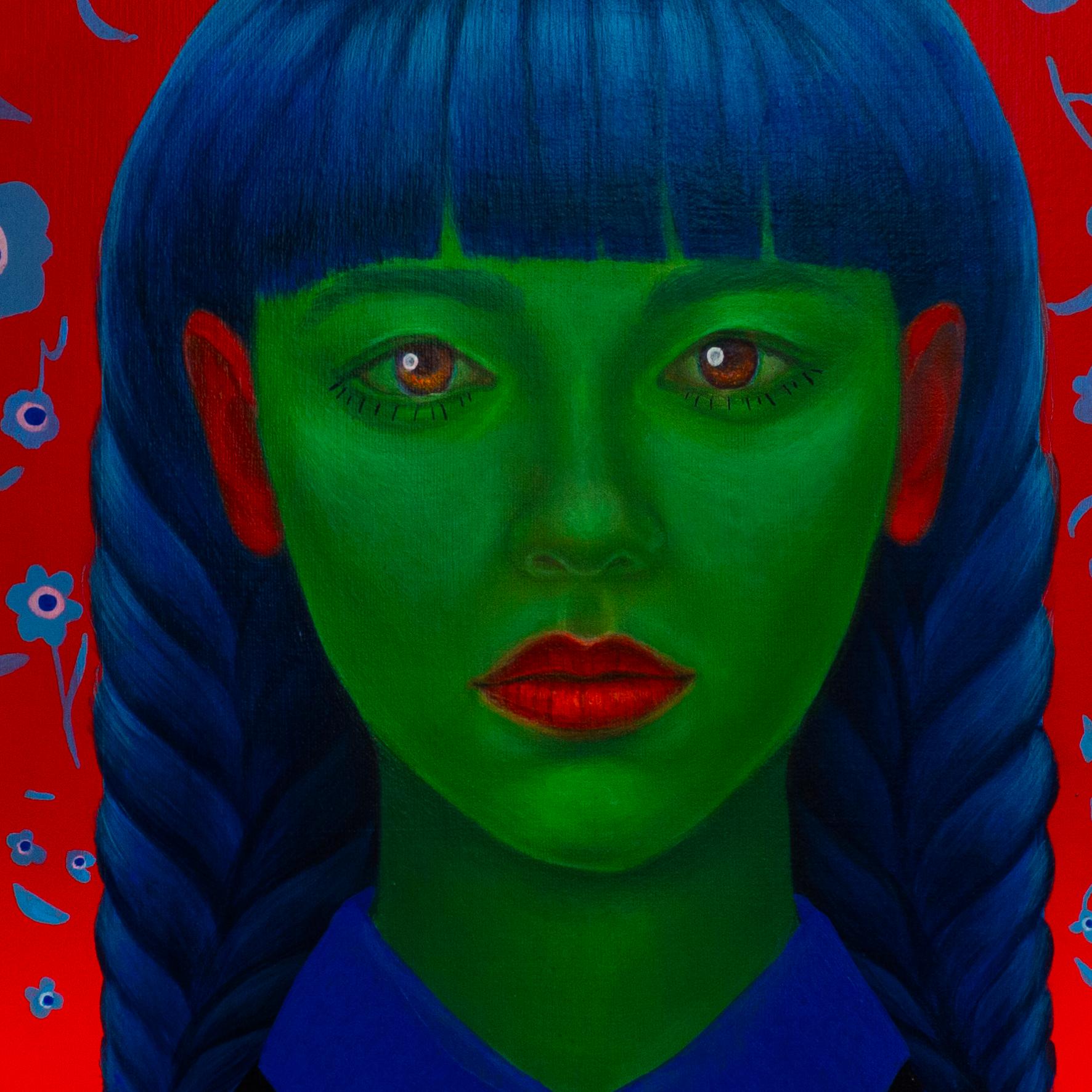 Tú eres el elegido. Retrato surrealista verde con motivos florales sobre lienzo rojo, 2024 - Painting de Natasha Lelenco