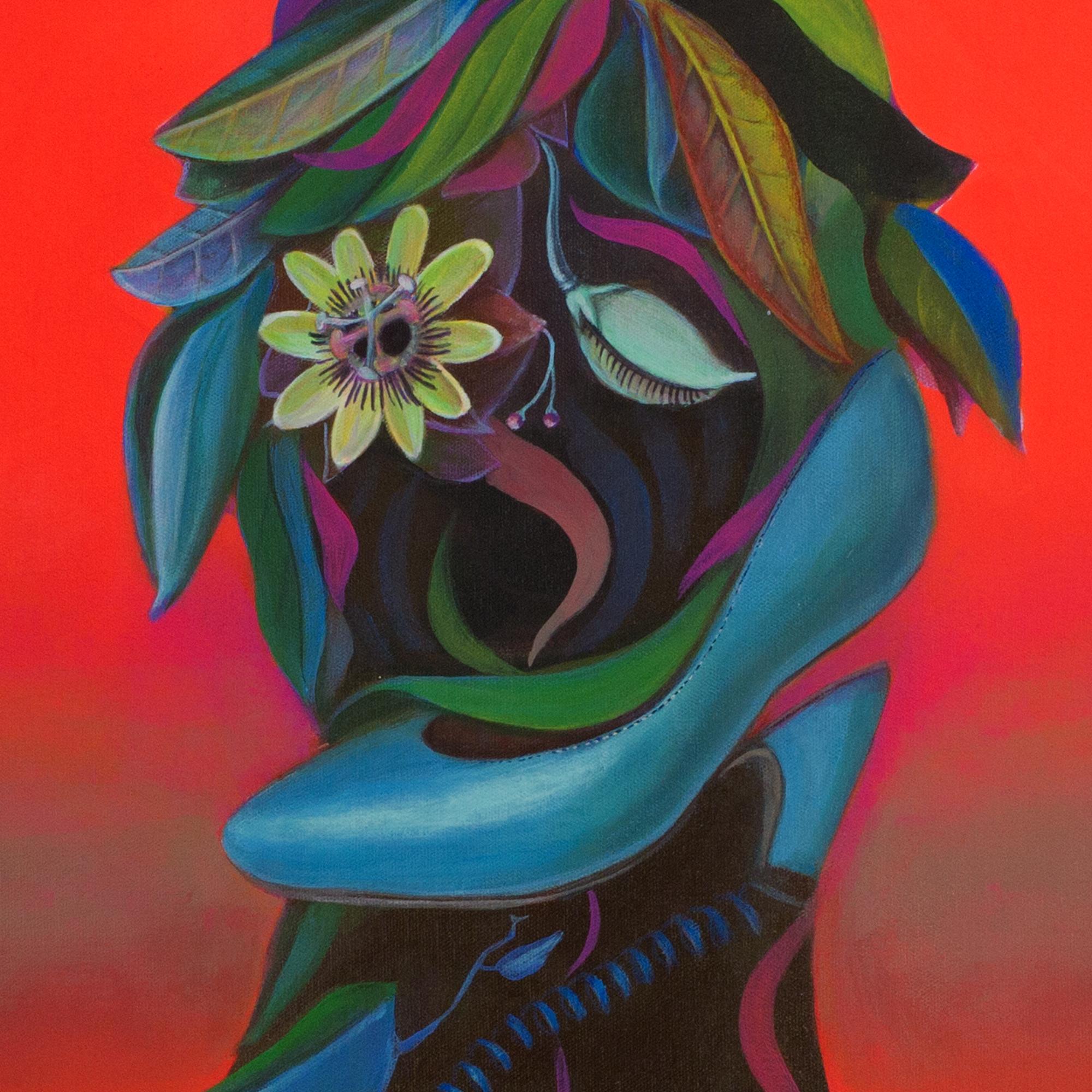 Figura antropomorfa creata accumulando rappresentazioni di fiori, piante, insetti e altri elementi dell'iconografia kitsch, con colori intensi, brillanti e fluorescenti. Questo quadro è una delle opere della serie 