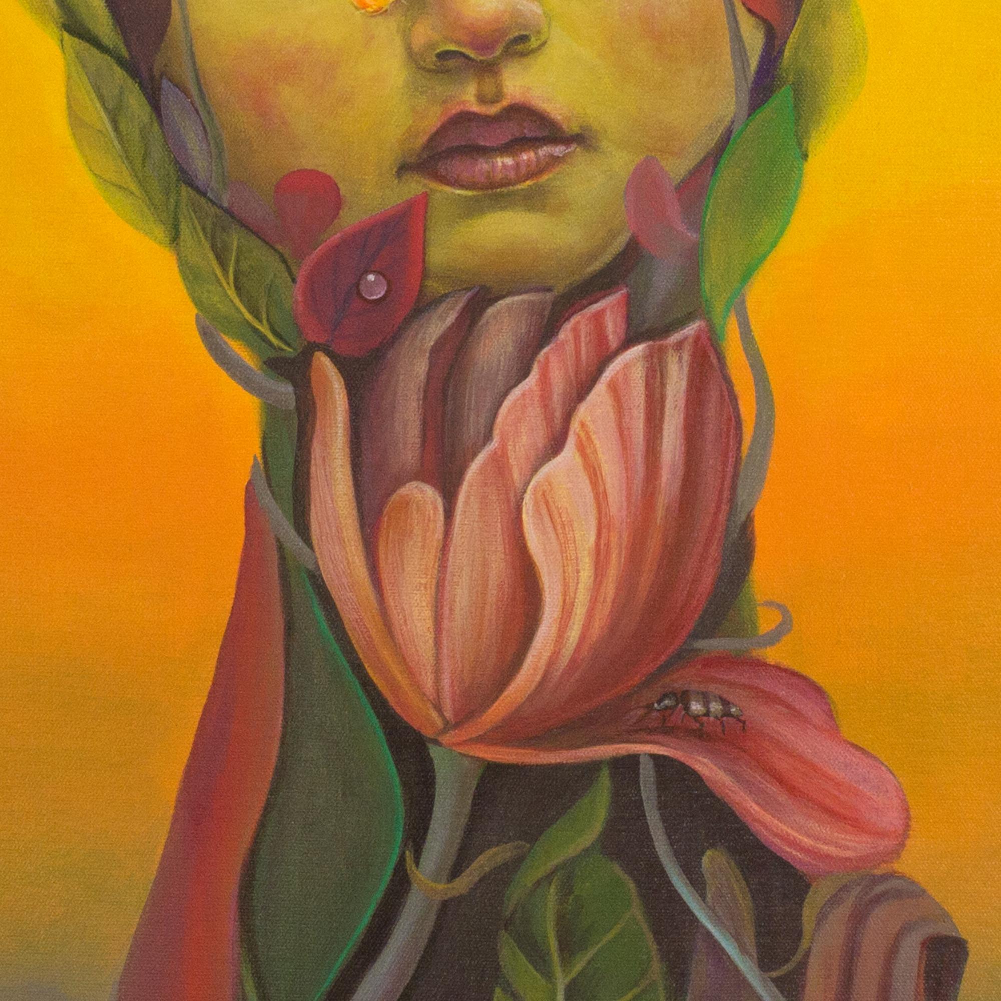 Anthropomorphic figure created by accumulating representations of flowers, plants, insects, and other elements of kitsch iconography, with intense, bright, and fluorescent colors. This painting is one of the works from the 