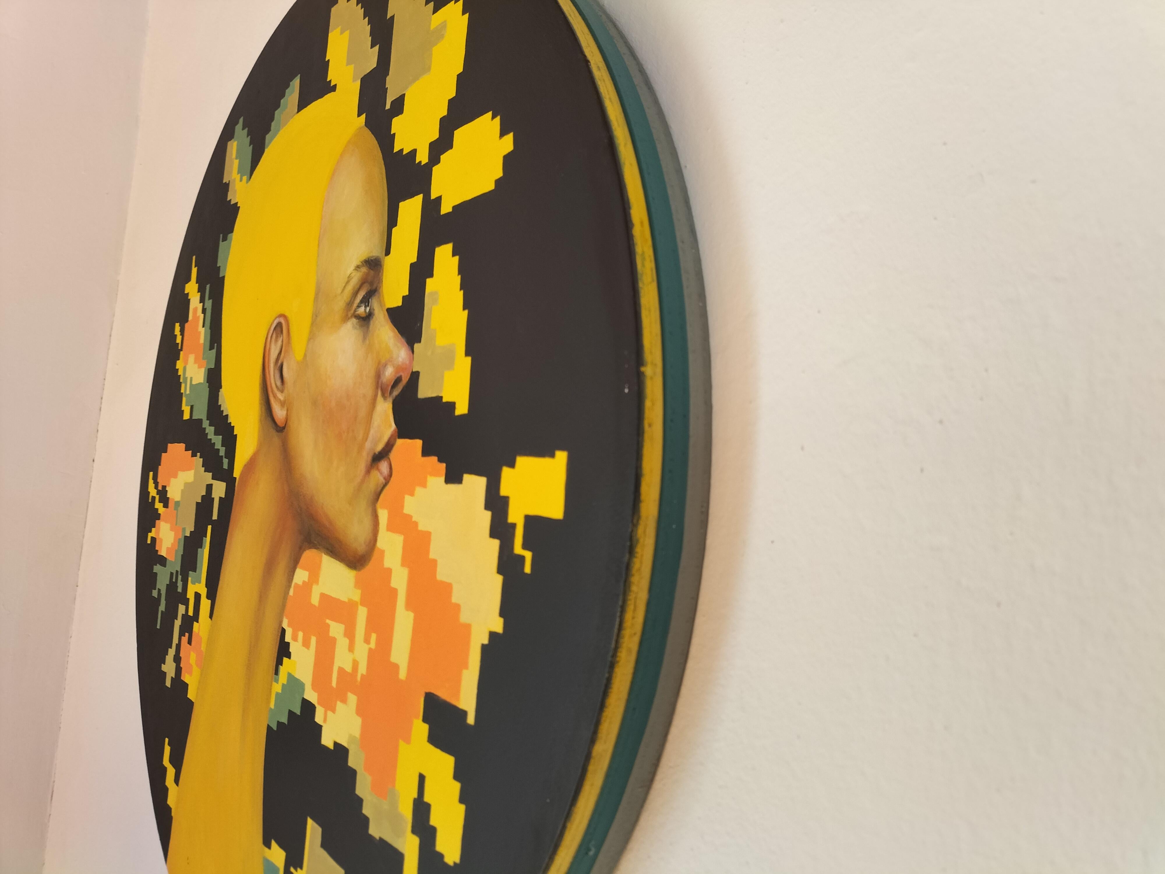 Portrait coloré sur un cercle de bois. Woman with Flowers Yellow, Currency n°4  - Painting de Natasha Lelenco