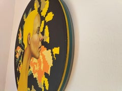 Large Round Female Profile Painting on Panel With Yellow Pixel Floral Background