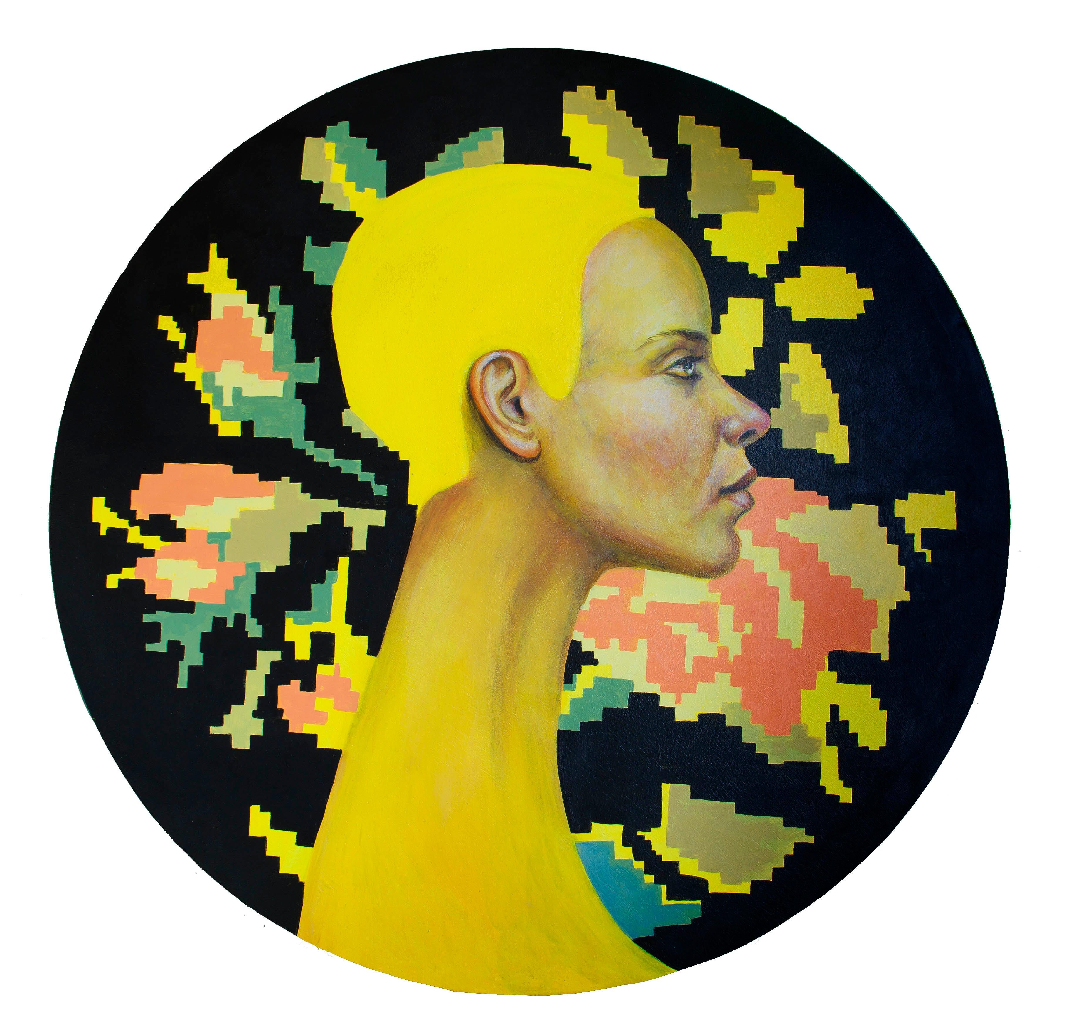 Figurative Painting Natasha Lelenco - Portrait coloré sur un cercle de bois. Woman with Flowers Yellow, Currency n°4 