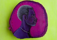 Contemporary Pop Surrealist Side Profile Male Portrait on a Cypress Wood Slice