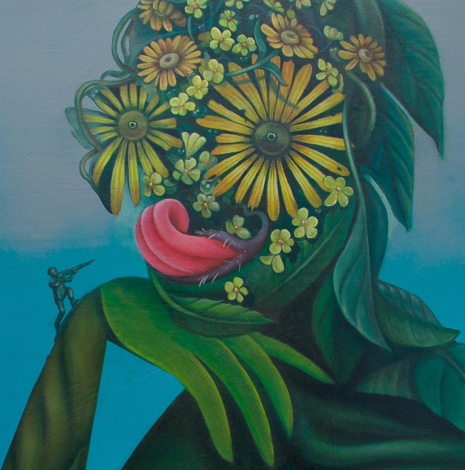 Contemporary Pop Surrealistic Anthropomorphic Figure Toy Soldier Against Nature - Painting by Natasha Lelenco