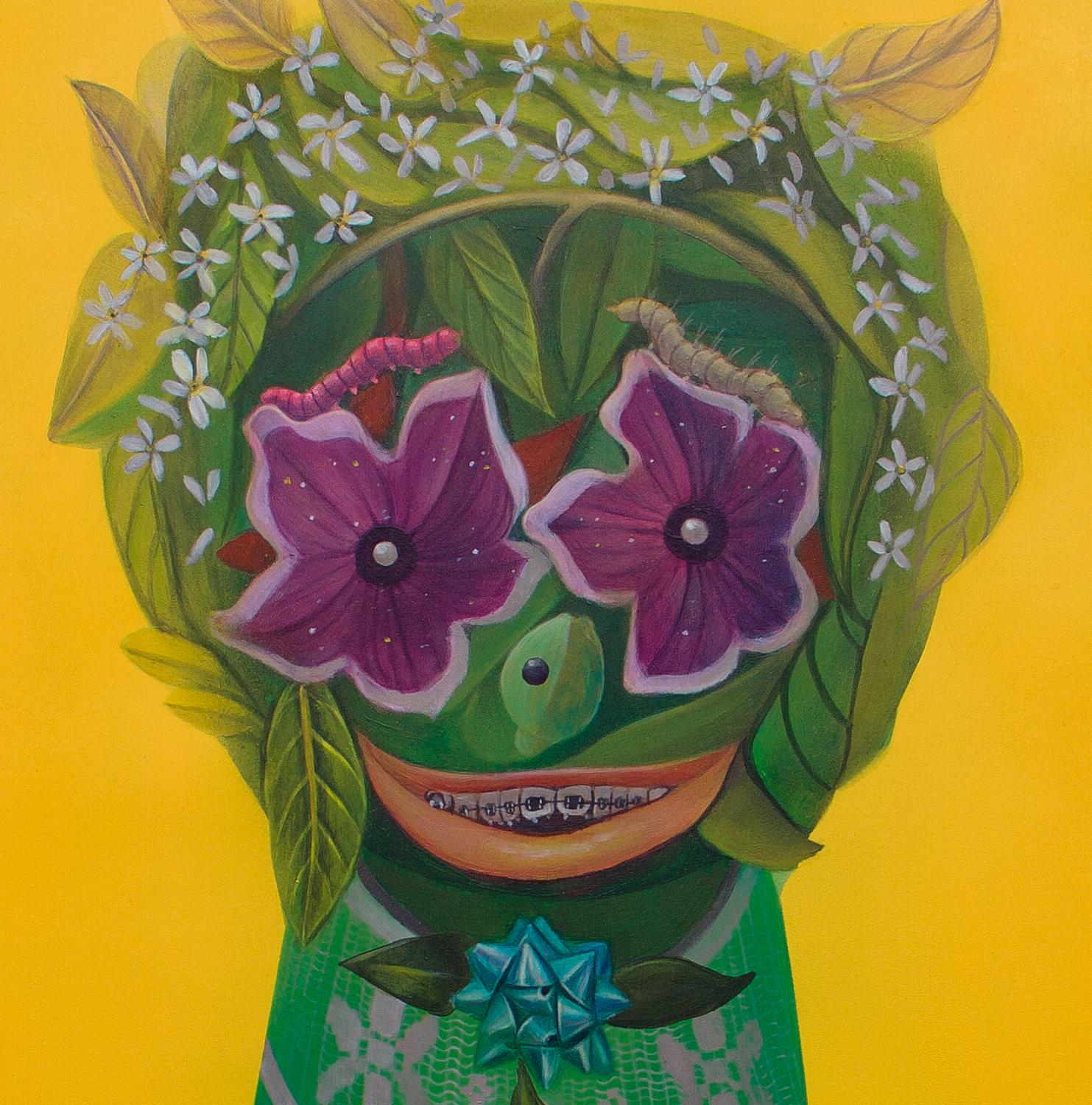 Anthropomorphic Portrait on Wood with Fluorescent Palette from Fetishes Series - Pop Art Painting by Natasha Lelenco