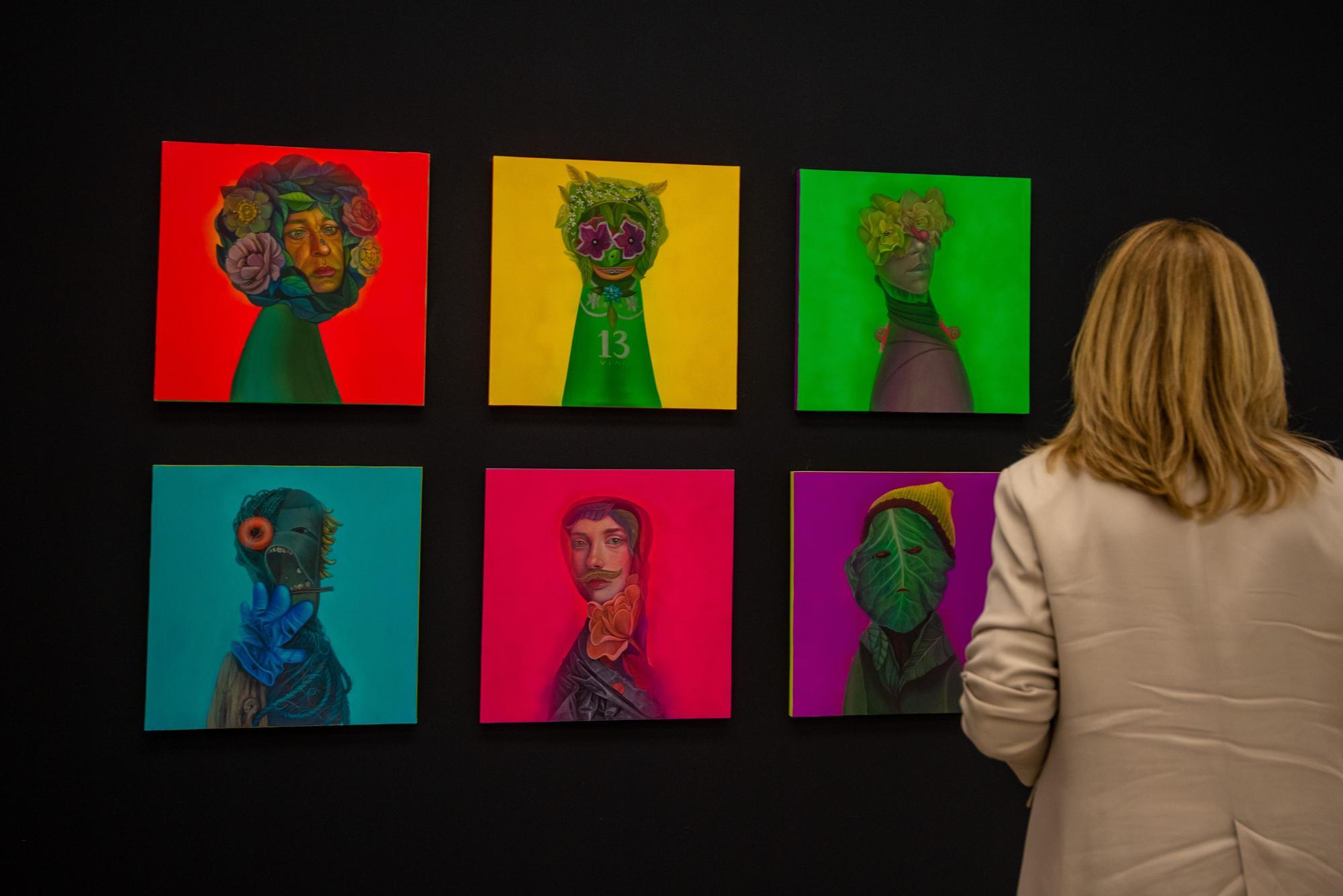 Anthropomorphic Portrait on Wood with Fluorescent Palette from Fetishes Series - Brown Figurative Painting by Natasha Lelenco
