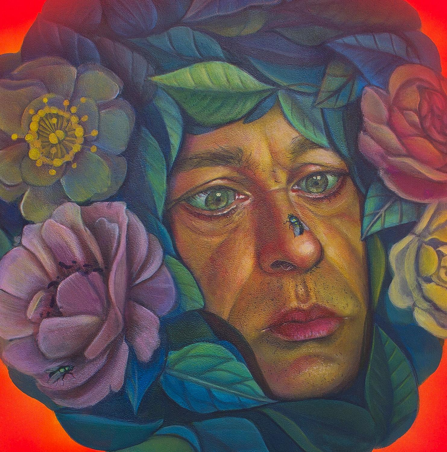 Portrait floral contemporain pop surréaliste et amusant. Homme absorbé par les insectes.  - Pop Art Painting par Natasha Lelenco