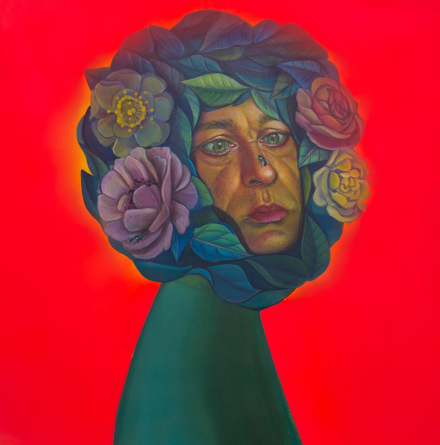 Natasha Lelenco Figurative Painting - Contemporary Pop Surrealistic Funny Floral Portrait. Absorbed man with insects. 
