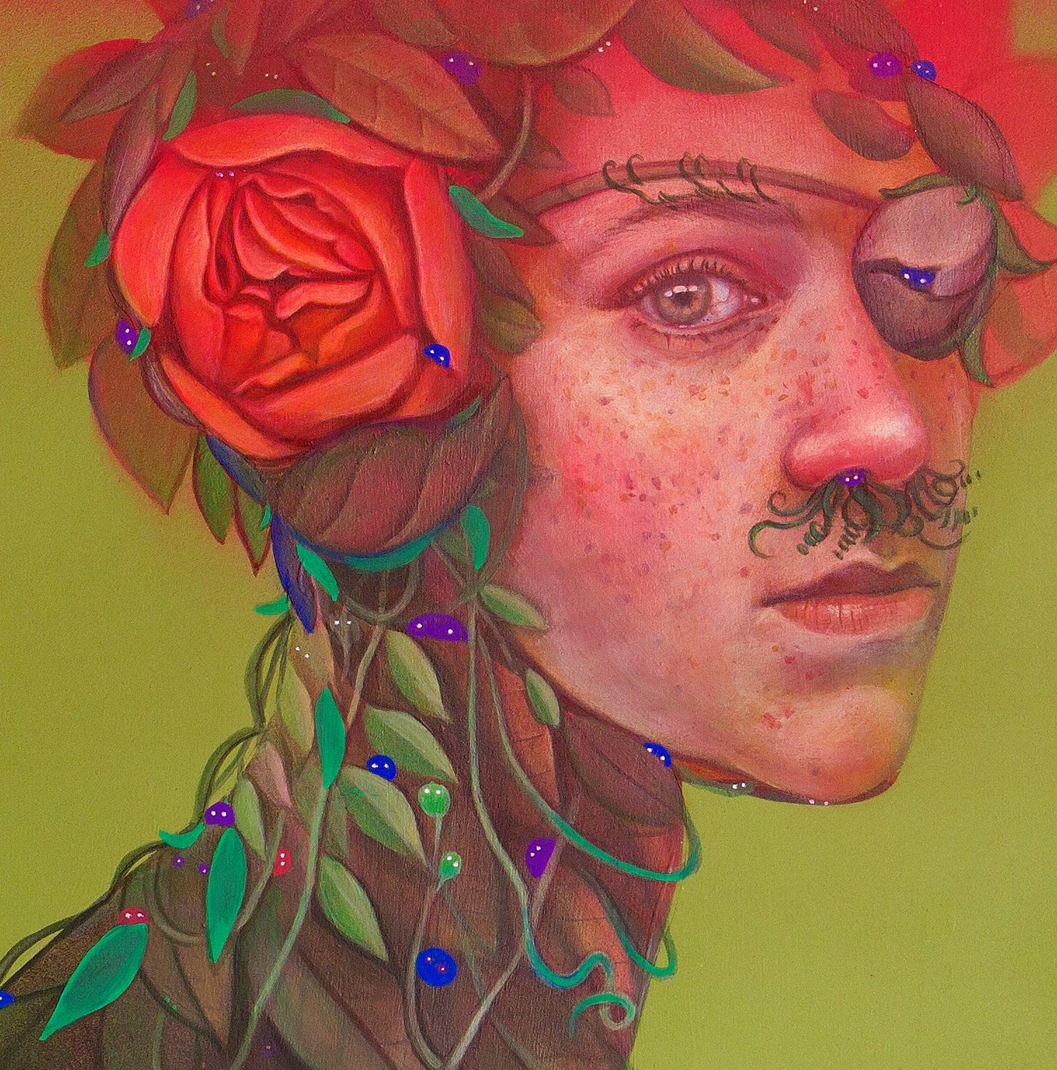 Contemporary Pop Surrealistic Portrait. Pirate with plants and insects - Painting by Natasha Lelenco