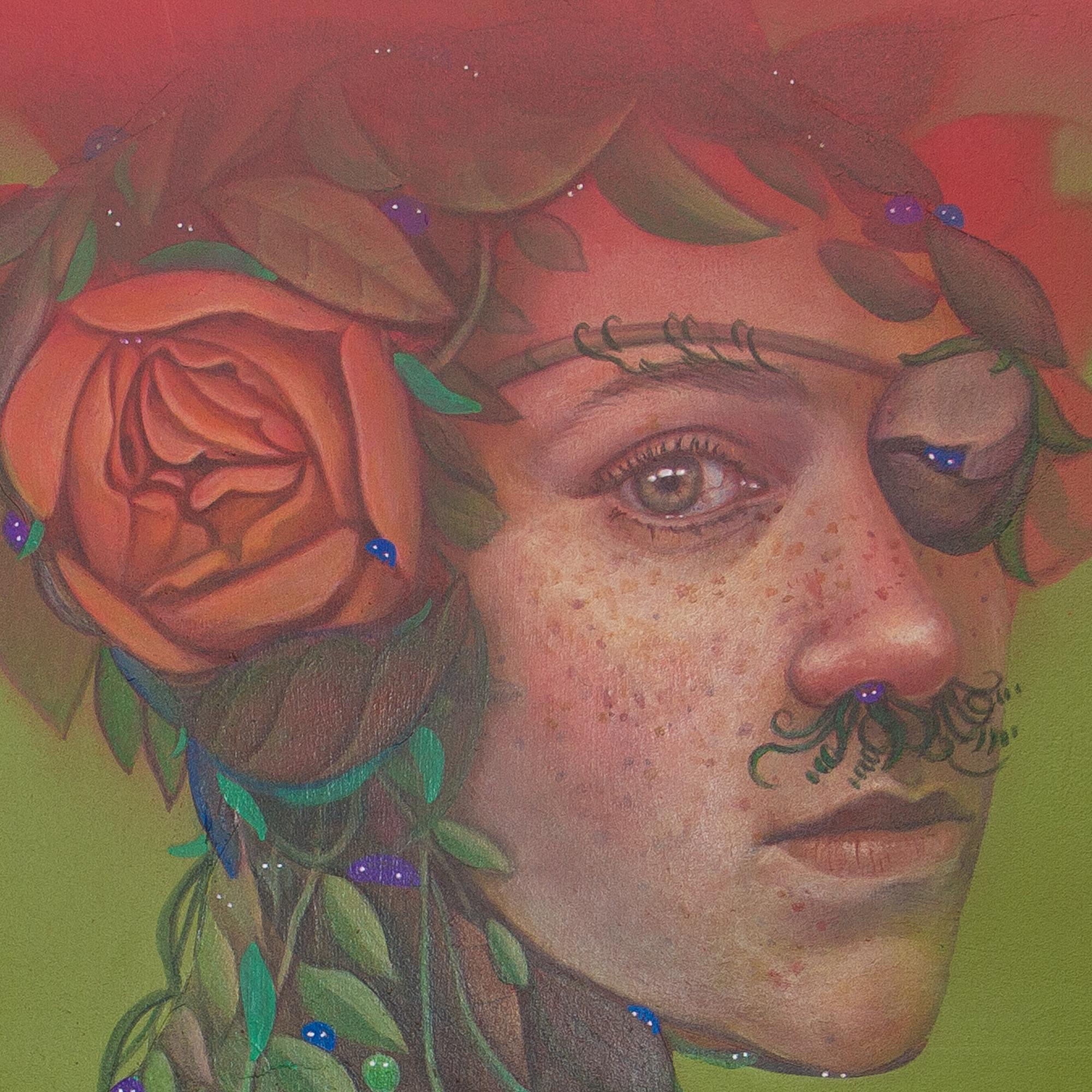 Retrato Figurativo Surrealista sobre Lienzo, Paleta Verde y Roja. 