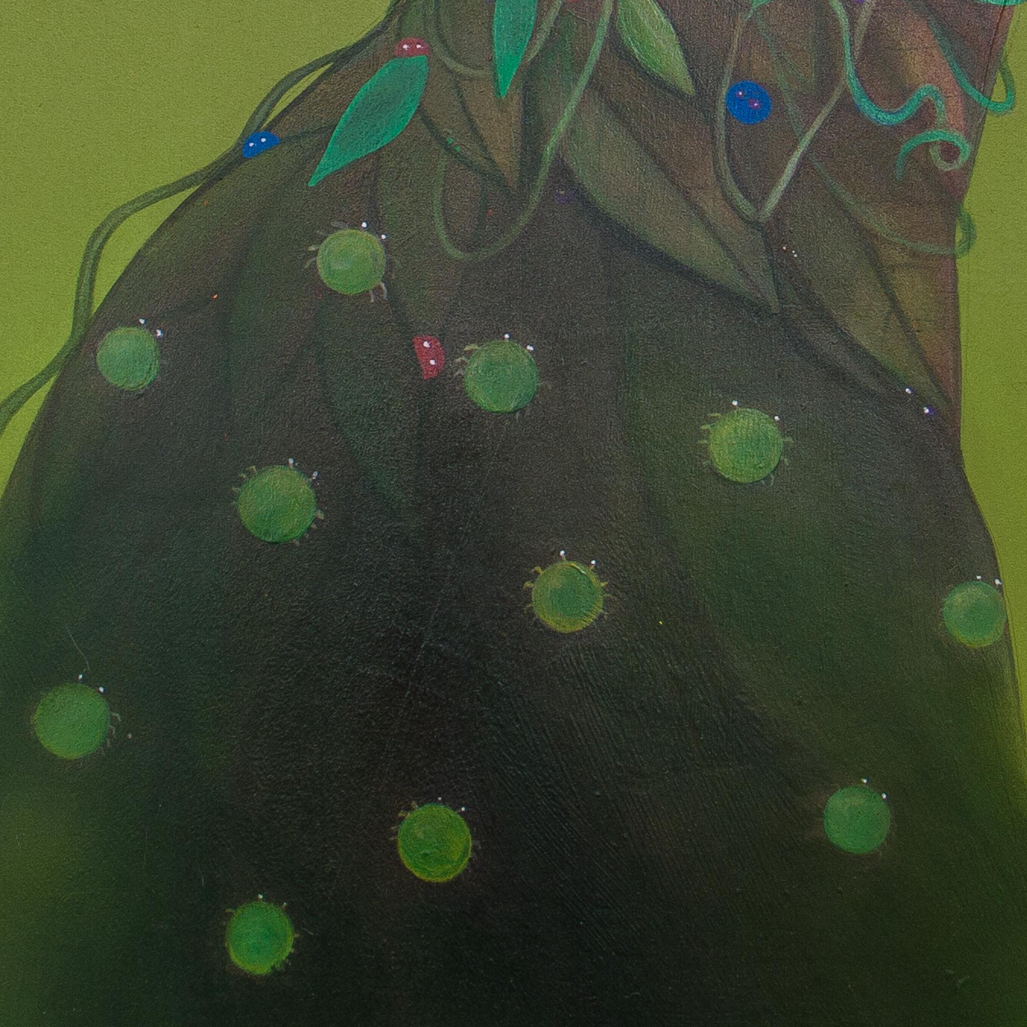 Retrato Figurativo Surrealista sobre Lienzo, Paleta Verde y Roja. 