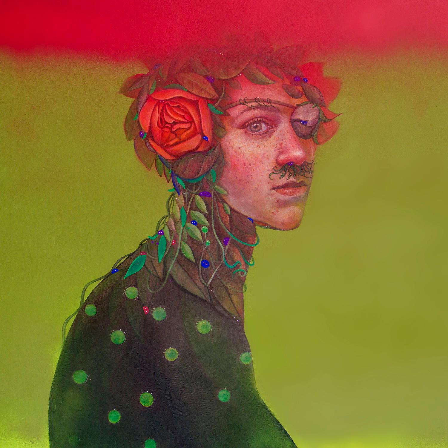 Portrait pop surréaliste contemporain. Pirate avec plantes et insectes